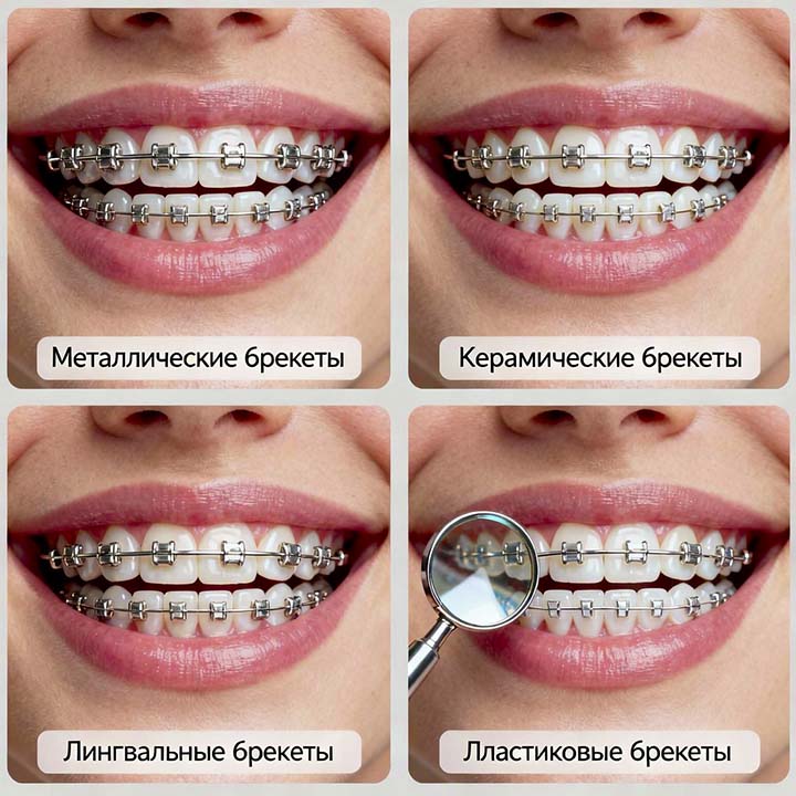 Различные виды брекетов на зубах