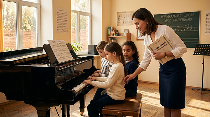 Занятие в музыкальной школе: дети играют на пианино под руководством преподавателя