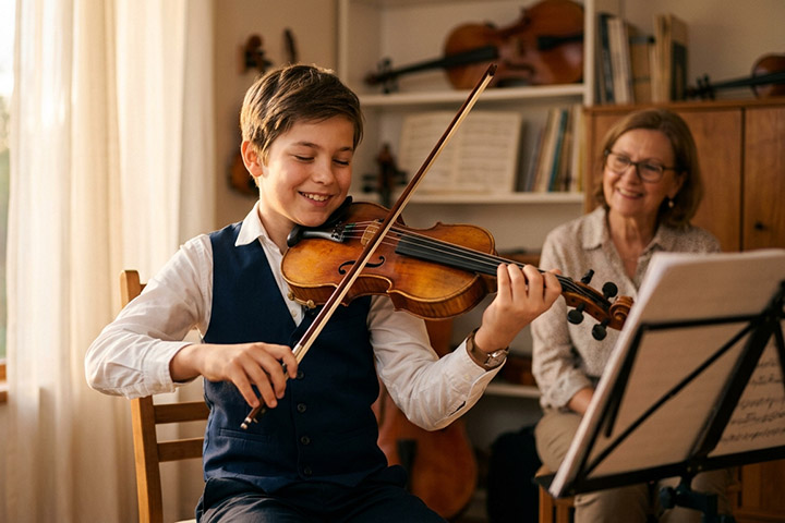 Ученик играет на скрипке на уроке в музыкальной школе