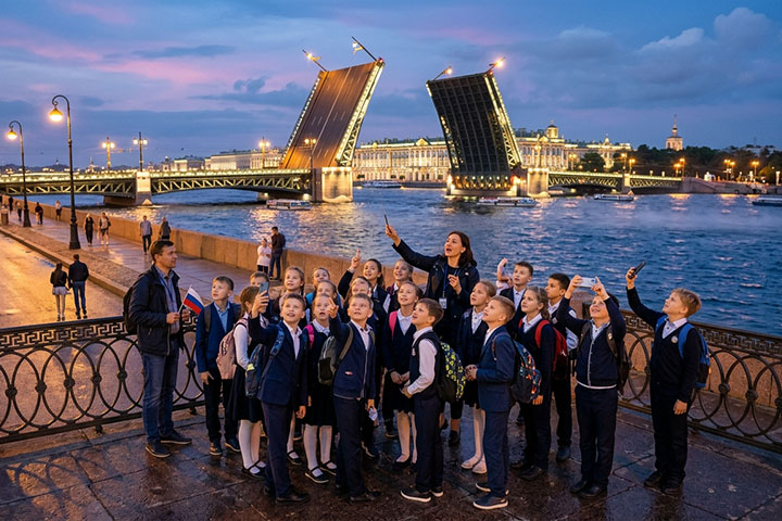 Школьная группа на экскурсии у разводного моста в Санкт-Петербурге