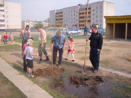 Папы, мамы - молодцы, во всем нам помогают: белят, красят и поют, деревья сажают!  